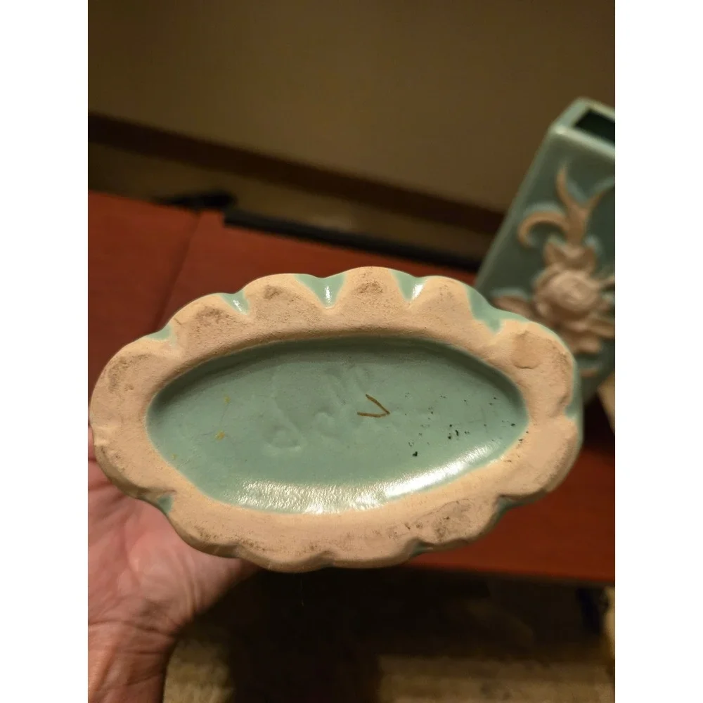 Vintage 1930s Weller Pottery Cameo Rose Set -Rectangular Vase & Cornucopia Vase
